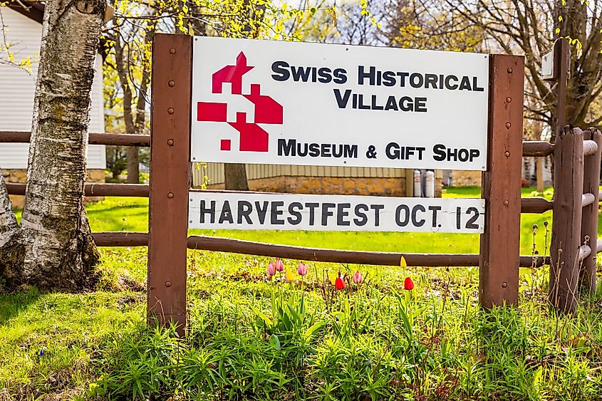 Harvestfest announcement at the Swiss Historical Village in New Glarus, Wisconsin