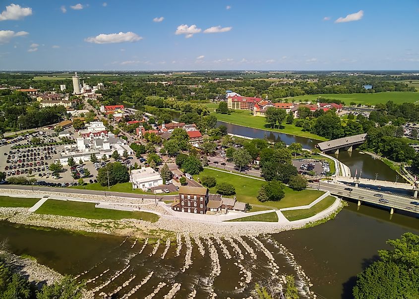 Aerial view of Frankenmuth city in Michigan, known for its Bavarian-style architecture.