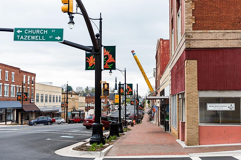 Wytheville, USA - April 19, 2018: Small town village street signs for Church and Tazewell intersection in southern south Virginia, via Kristi Blokhin / Shutterstock.com