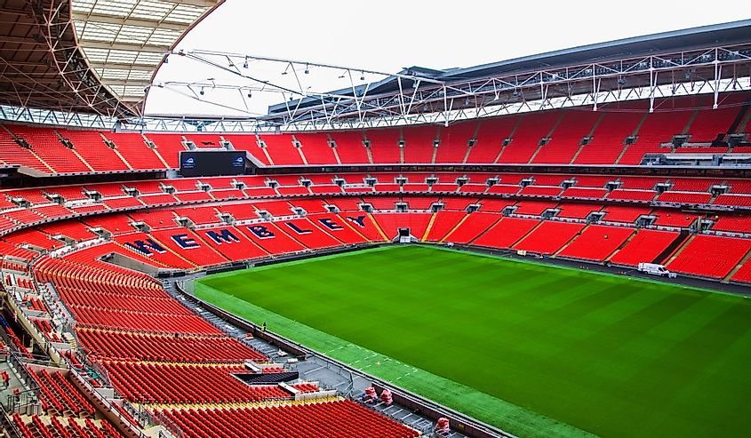 Red seat and interior of Wembley football stadium, London UK
