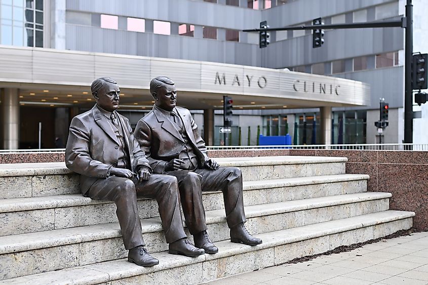 Mayo Clinic's Mayo Brothers statue found outside the entrance of the Mayo Building in Rochester, Minnesota
