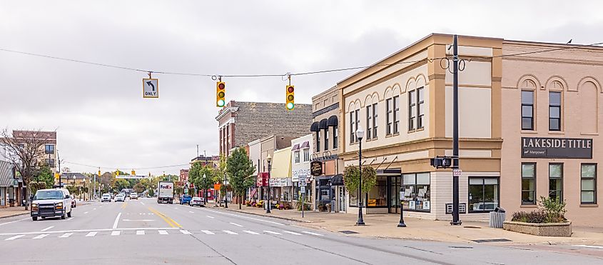The historic downtown as seen on Mitchell Street in Cadillac, Michigan.