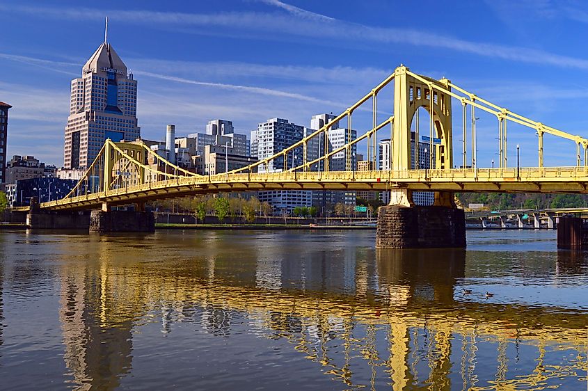 The yellow Sixth Street Bridge in Pittsburgh, Pennsylvania