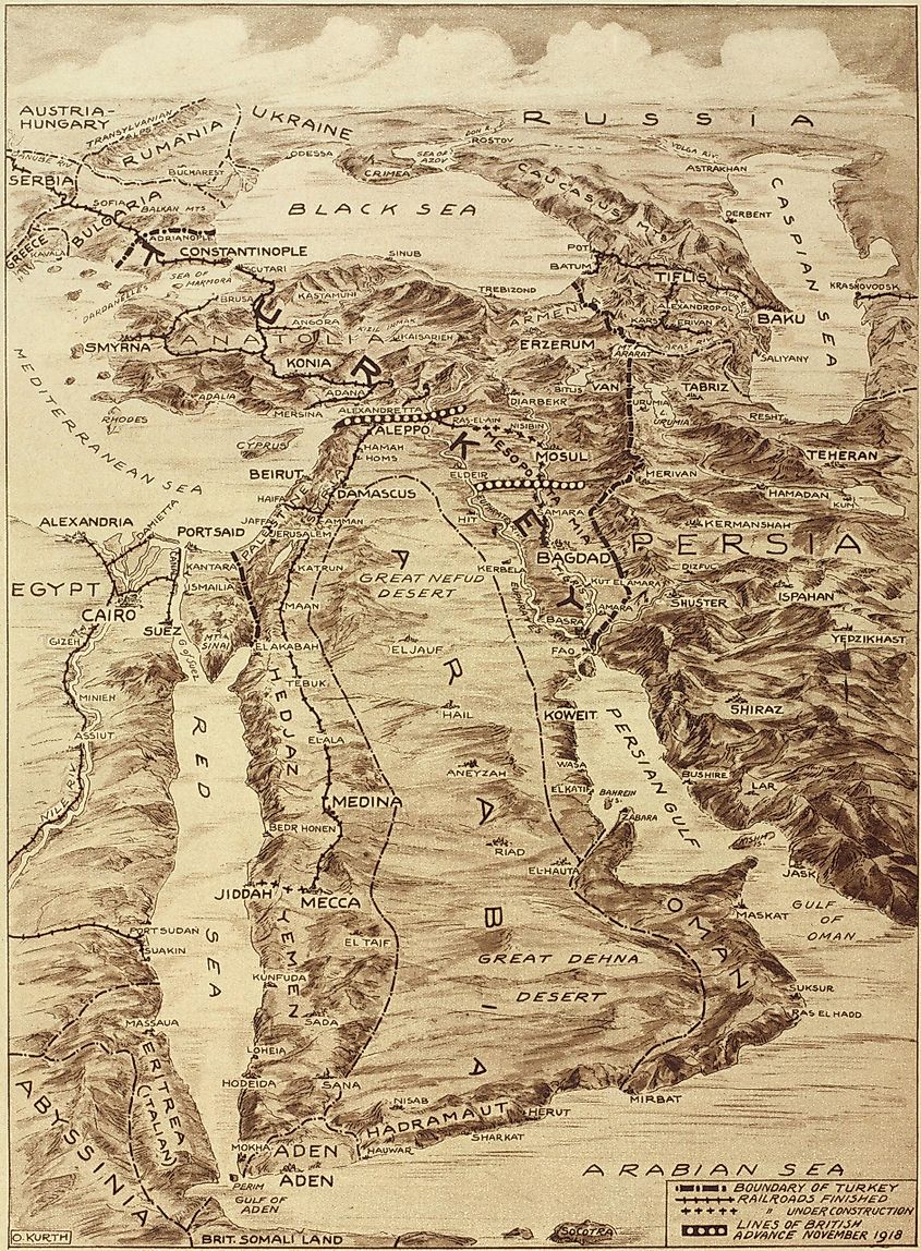WWI Map of the Middle East. Britain and France implemented the Sykes-Picot Agreement and divided the Ottoman Empire into Nation-States. Shutterstock.