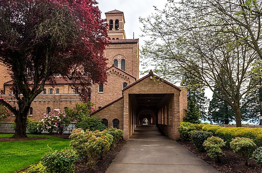 Mt. Angel Abbey buildings and gallery in twilight. The Roman Catholic monastery of Benedictine monks