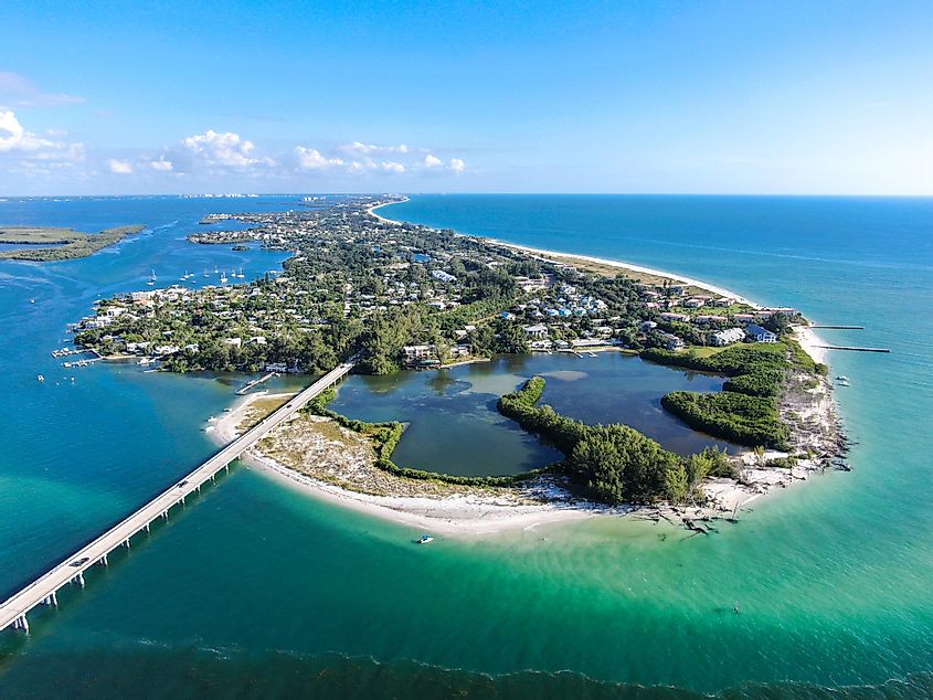 Aerial view of Longboat Key town and beaches in Manatee and Sarasota counties, central west coast of Florida.