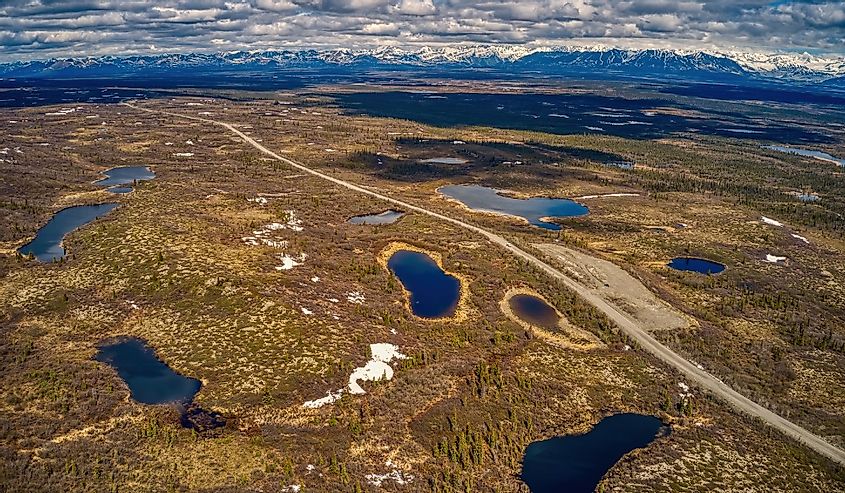 Aerial View of the Denali Highway in Alaska in the summer