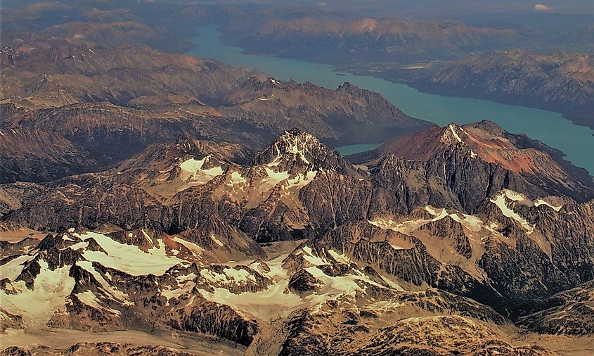 South aspect of Good Hope Mountain (centered). Aerial view, with Chilko Lake. BC, Canada
