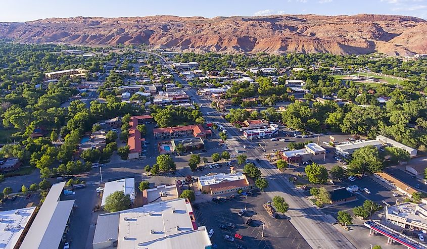 Moab city center and historic buildings aerial view in summer, Utah.