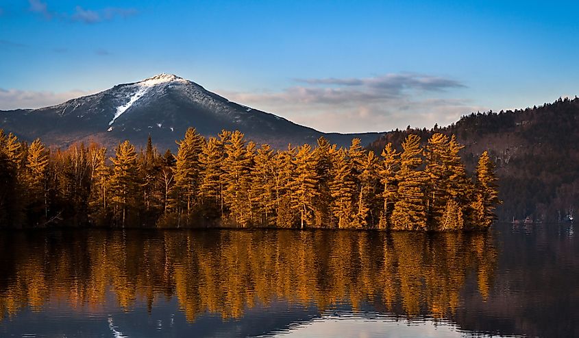 Snowy Whiteface mountain with reflections in Paradox Bay, Lake Placid, Upstate New York