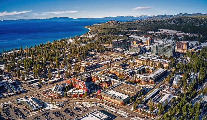 Aerial View of South Lake Tahoe which is on the California Nevada Stateline