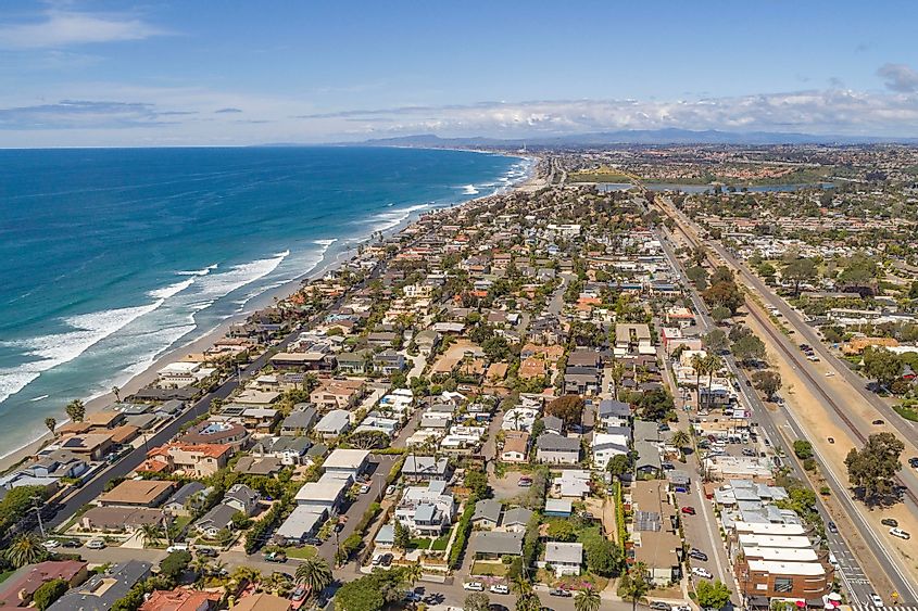 Aerial view of Encinitas, California, along the Pacific Ocean coastline