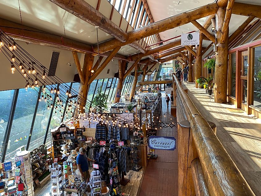 A two-story wooden boutique mall, with fancy lighting and large angular windows overlooking nature