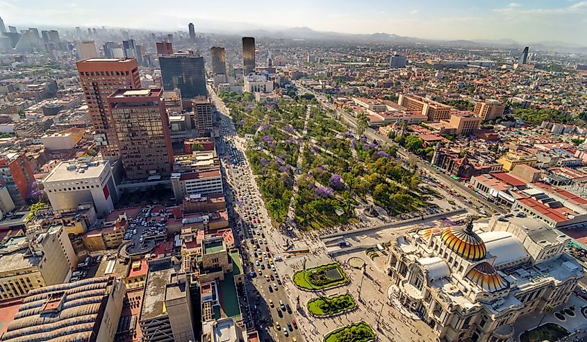 An aerial view of Mexico City and the Palace of Fine Arts