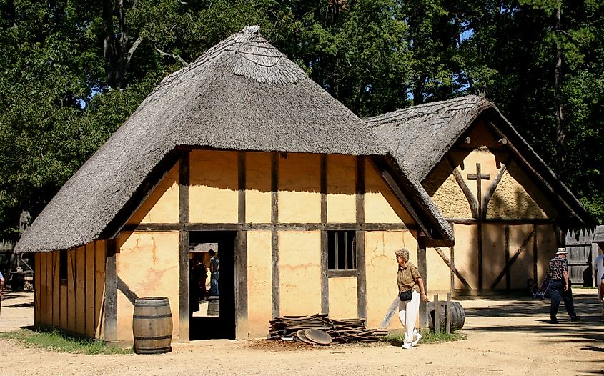 Recreated house in the Jamestown Settlement in Virginia.