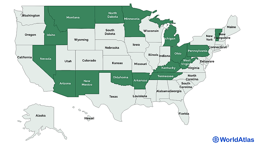 Map showing the doubly landlocked states of the United States.