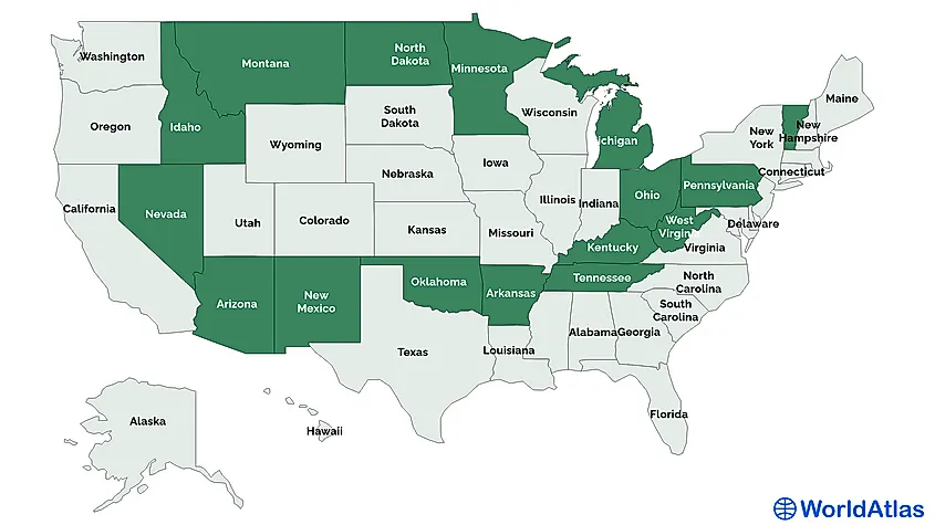 Map showing the doubly landlocked states of the United States.