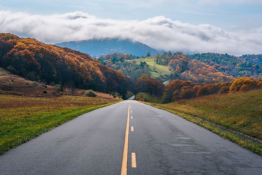 The Blue Ridge Parkway and fog over mountains in Virginia.