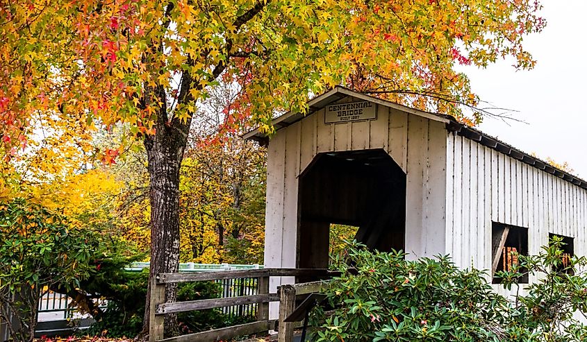 Centennial covered bridge in downtown Cottage Grove, Oregon with autumn foliage