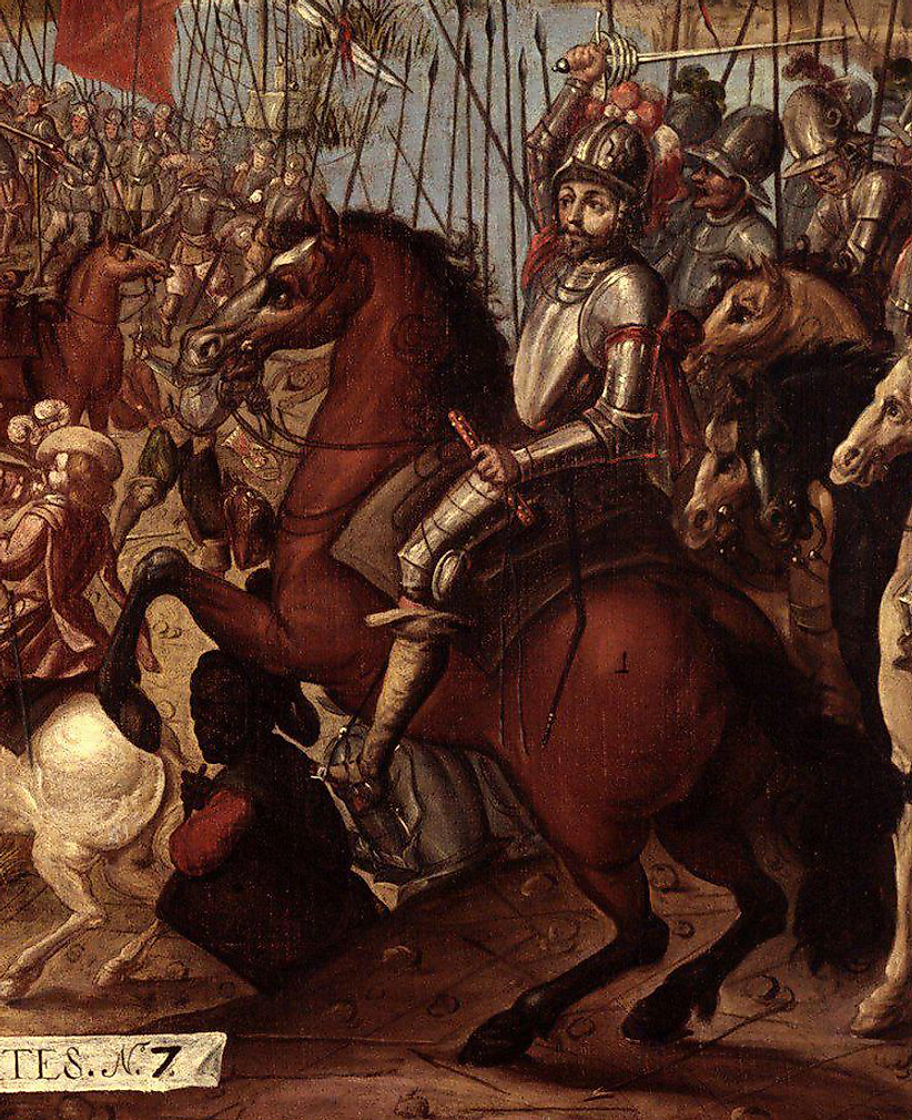 Hernan Cortés riding into battle