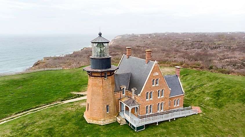 Brick lightnouse on a cloudy day on Block Island, Rhode Island.