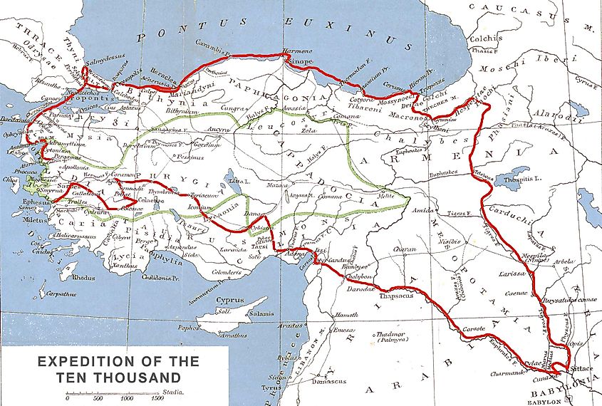 Route of Xenophon and the Ten Thousand (red line) in the Achaemenid Empire. The satrapy of Cyrus the Younger is delineated in green.