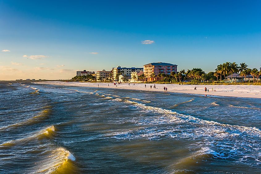 View of the beach from the fishing pier in Fort Myers Beach, Florida.