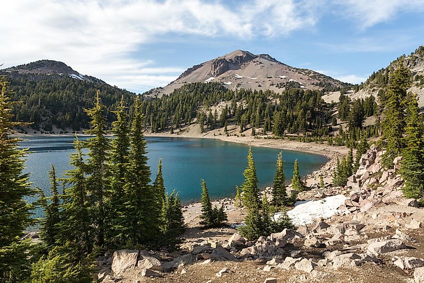 Beautiful view at the Lake Helen in the Lassen Volcanic National Park in California in summer