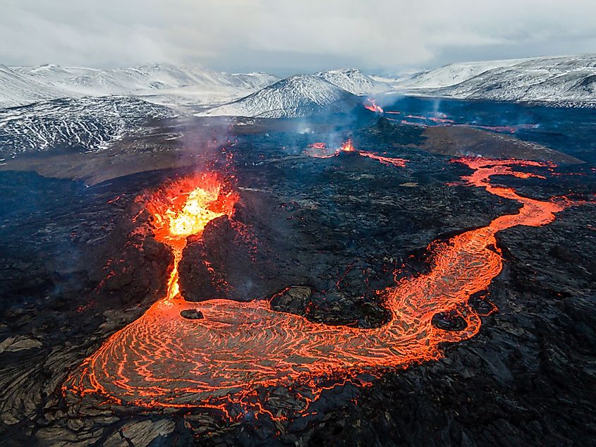 Aerial view of lava flows on active volcano
