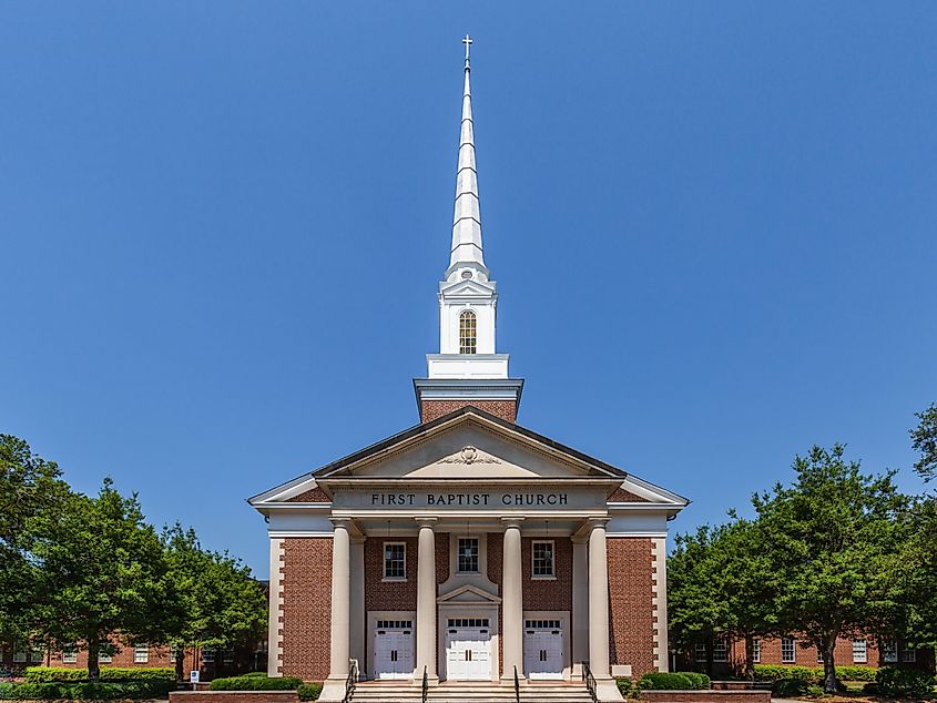 The First Baptist Church on a sunny summer day in downtown Walterboro, South Carolina.