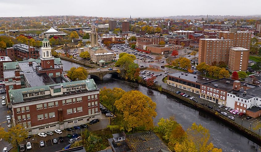 Fall comes to the trees and landscape in the downtown urban core of Pawtucket Rhode Island