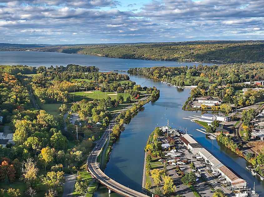 Early afternoon autumn aerial photo view of Ithaca New York