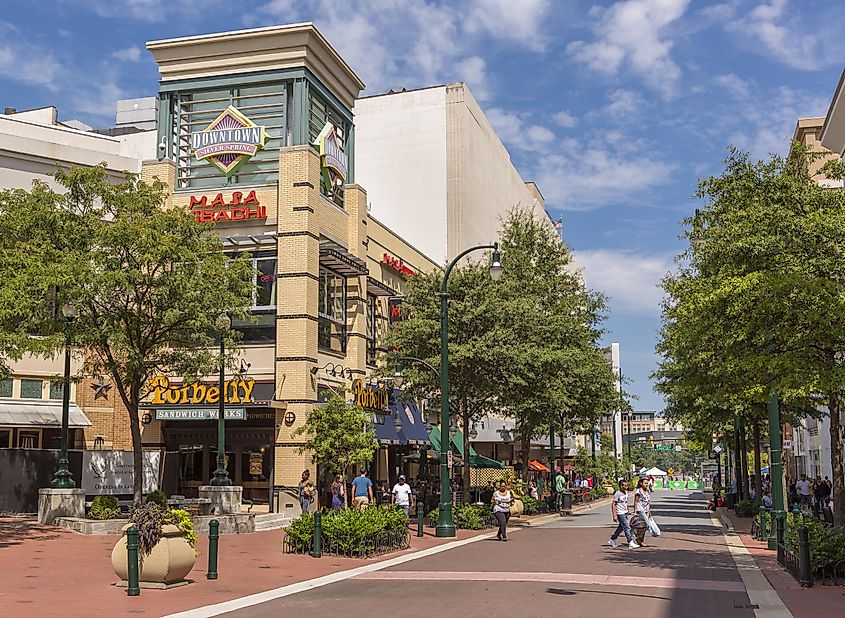 Downtown Silver Spring shopping district and people on pedestrian mall, via Rob Crandall / Shutterstock.com