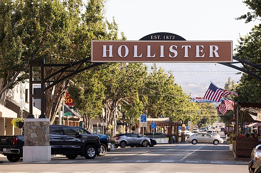 Welcome sign of the historic downtown district in Hollister, CA.