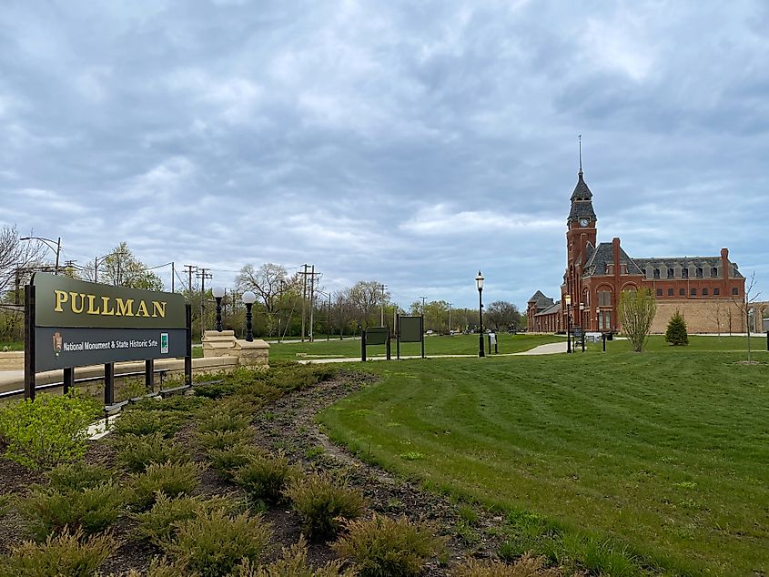 Pullman National Historical Park. First company town in US for construction of Pullman train cars by Pullman Company. Administration Clock tower building and sign.