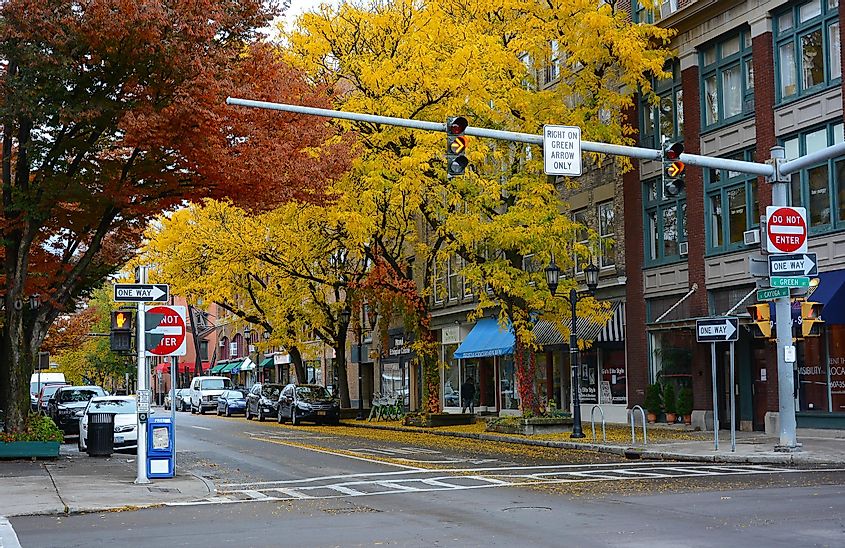 ITHACA, NEW YORK - 31 OCT 2019: Cayuga Street in downtown Ithaca with trees in fall colors, via Steve Cukrov / Shutterstock.com