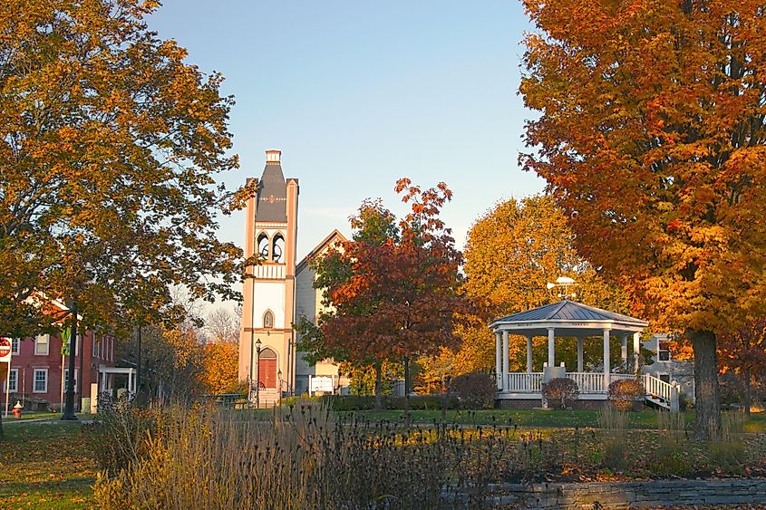 The Green in Danville, Vermont at sunrise in autumn.
