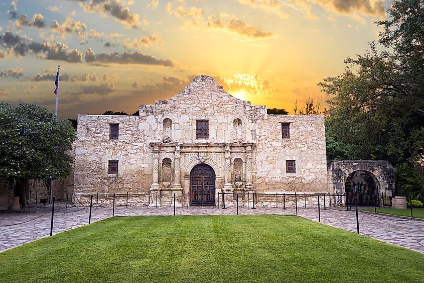 Exterior view of the historic Alamo shortly after sunrise