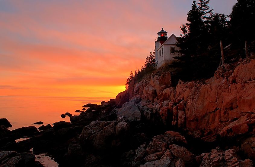 Sunset at Bass Harbor Lighthouse in Bar Harbor, Maine.