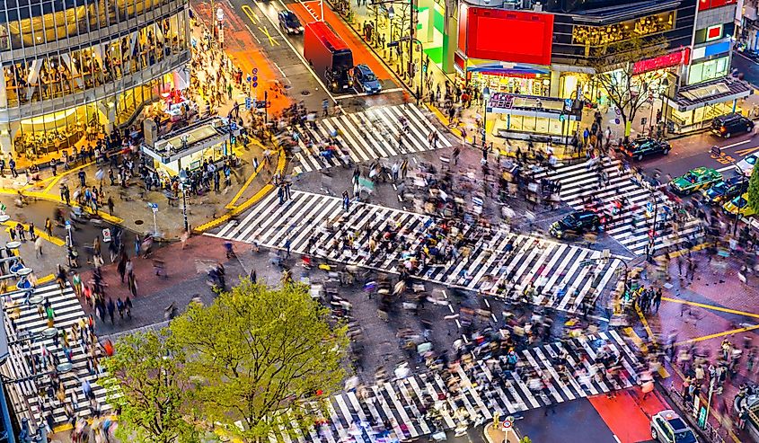 Tokyo, Japan view of Shibuya Crossing, one of the busiest crosswalks in the world.