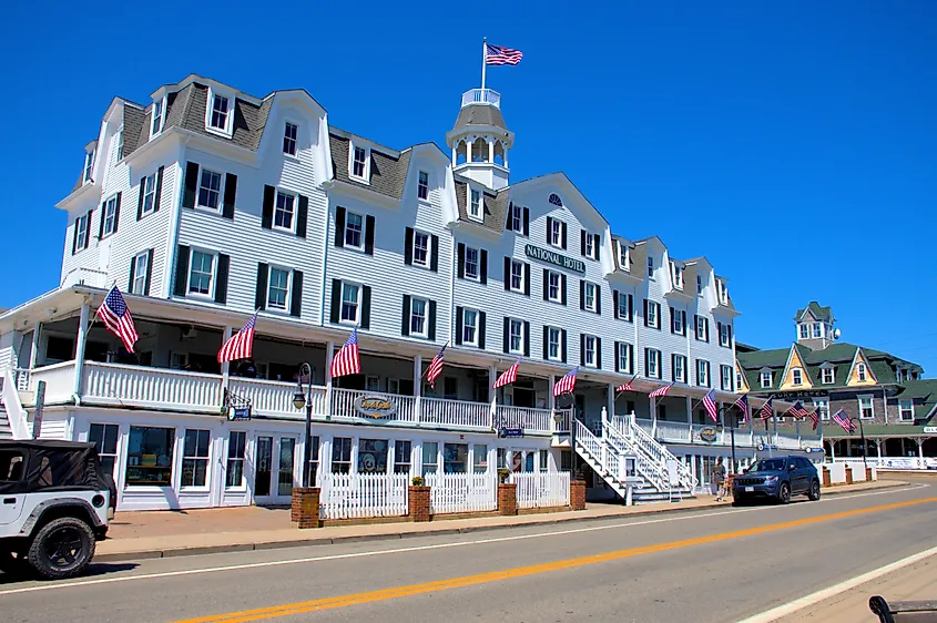 The National Hotel on Block Island in New Shoreham, Rhode Island, with U.S. flags on display.