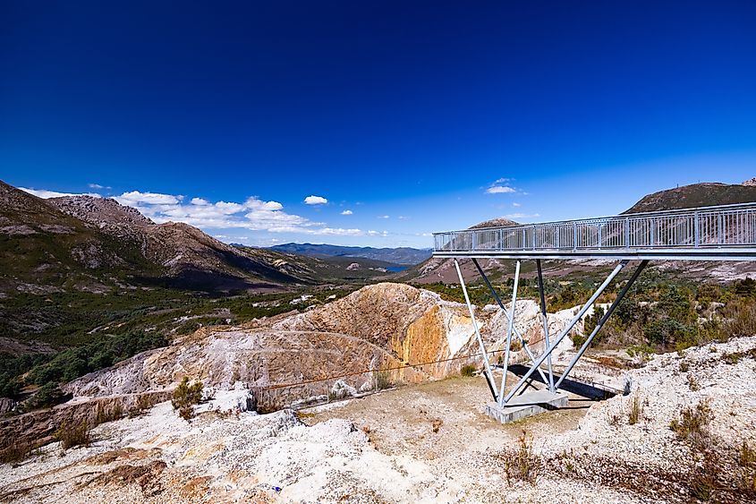 The view of Iron Blow Lookout on a hot summer's afternoon in Queenstown, Tasmania, Australia