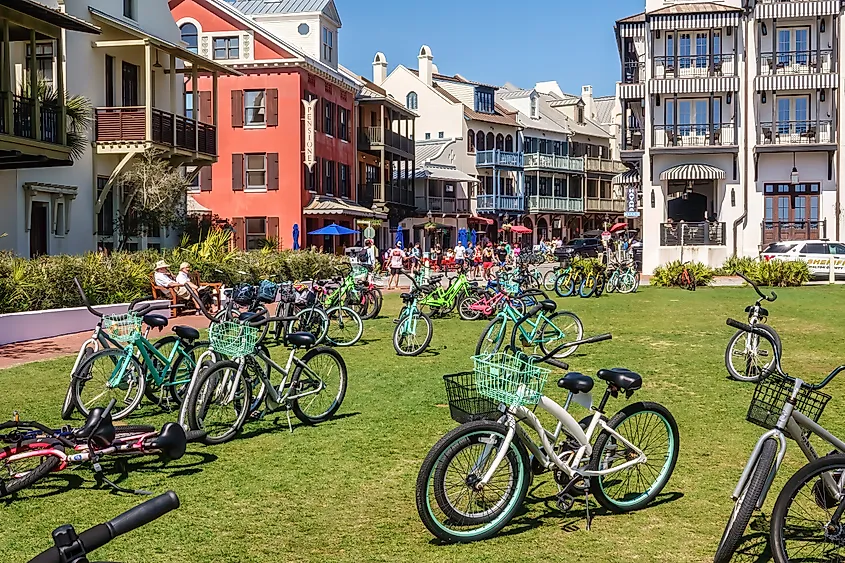 Cycles parked in the downtown area of Rosemary Beach, Florida