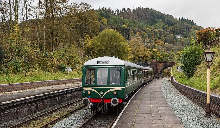 Diesel railcar arrives at Llangollen along the Llangollen Railway in Denbighshire