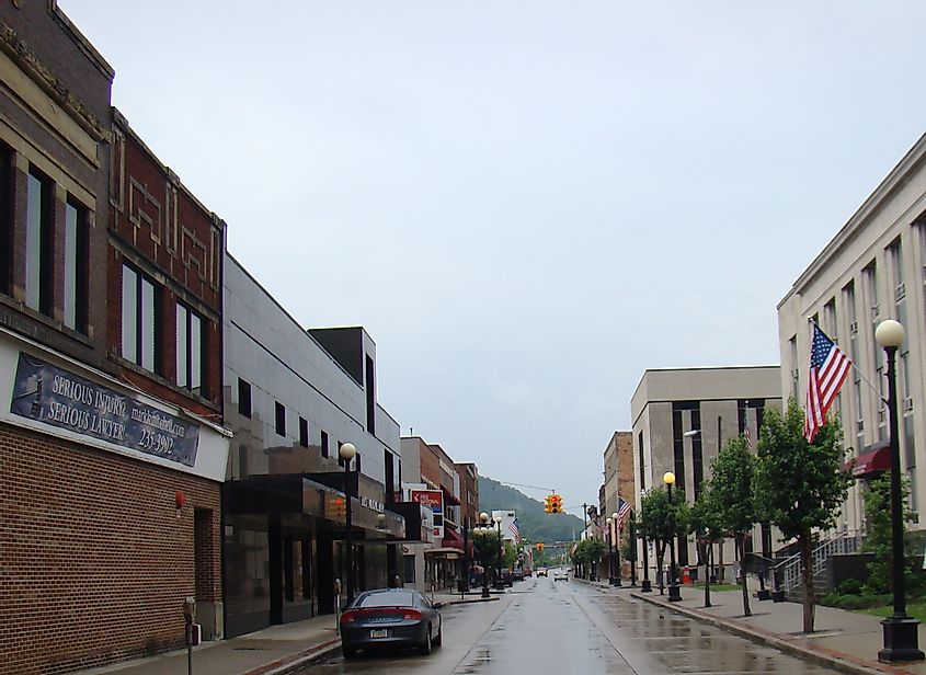 View down East 2nd Avenue in the downtown commercial area of Williamson, West Virginia.