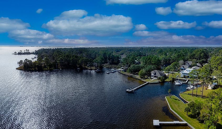 Aerial view of homes along the water of Niceville Florida