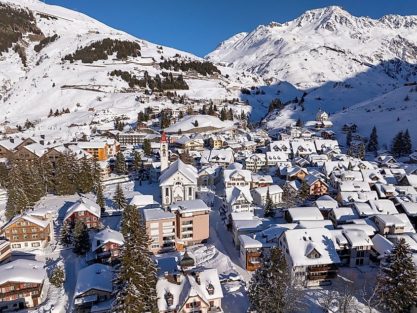 Snow-covered mountain town of Andermatt, Switzerland.
