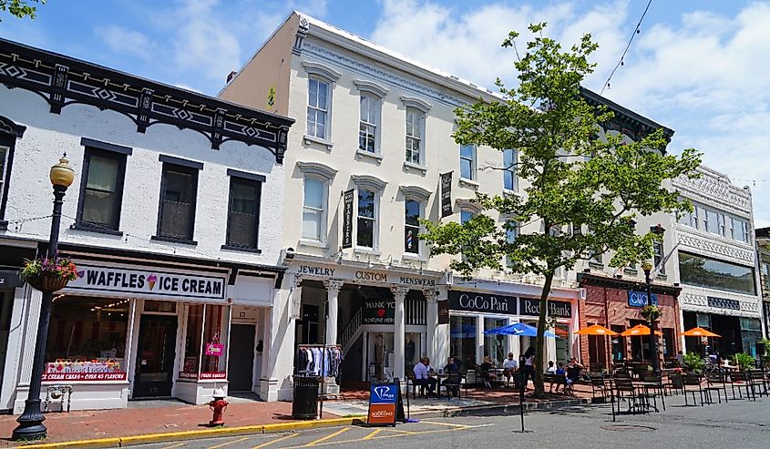 View of downtown buildings on Broad Street in the town of Red Bank, Monmouth County, New Jersey.