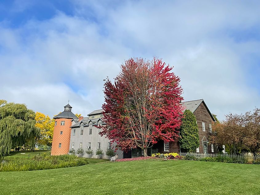 Mackenzie Childs Barn in Aurora with blazing fall foliage