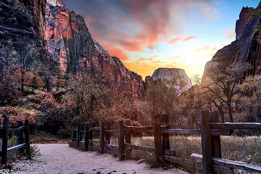 Sunset over mountains on Zion National Park trail, Springdale, Utah, USA.